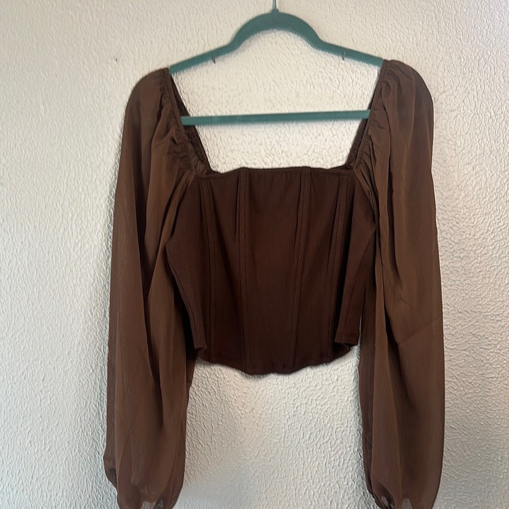 Promesa Brown Ruched Long Sleeve Crop Blouse
